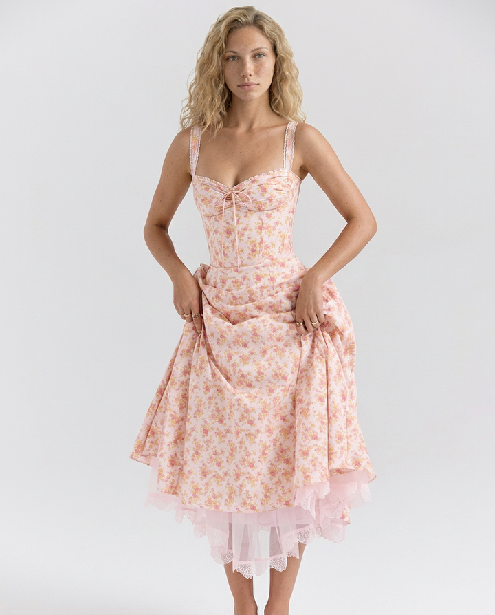 Rosie | Floral Print Cotton Corset Midi Dress