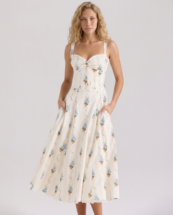 Rosie | Floral Print Cotton Corset Midi Dress