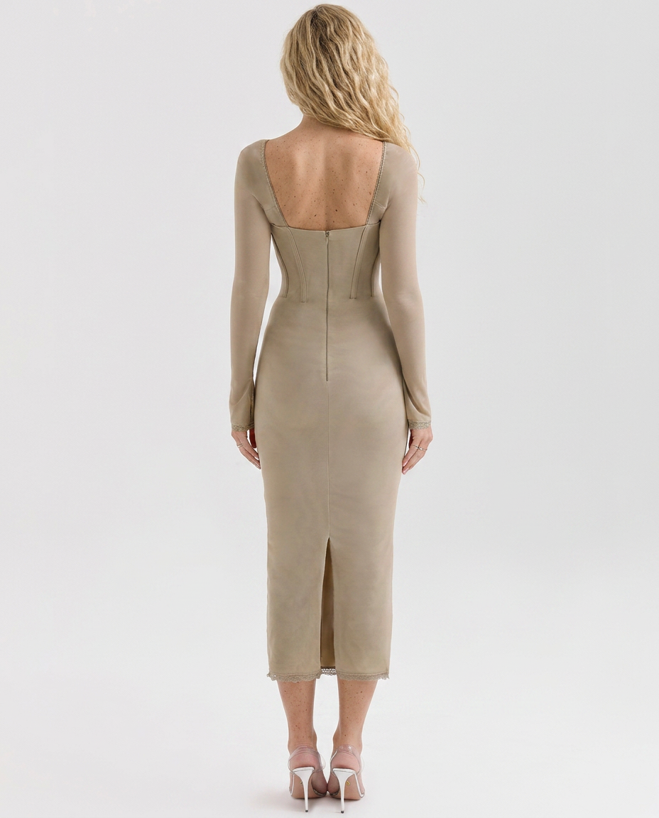 Ashlee | Lace Trim Corset Midi Dress with Long Sleeves