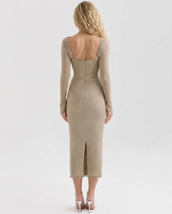 Ashlee | Lace Trim Corset Midi Dress with Long Sleeves