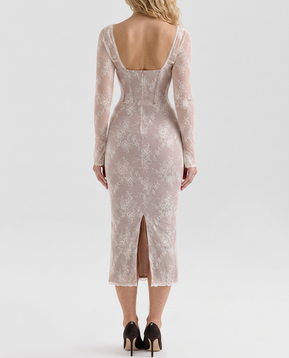 Ashlee | Lace Trim Corset Midi Dress with Long Sleeves