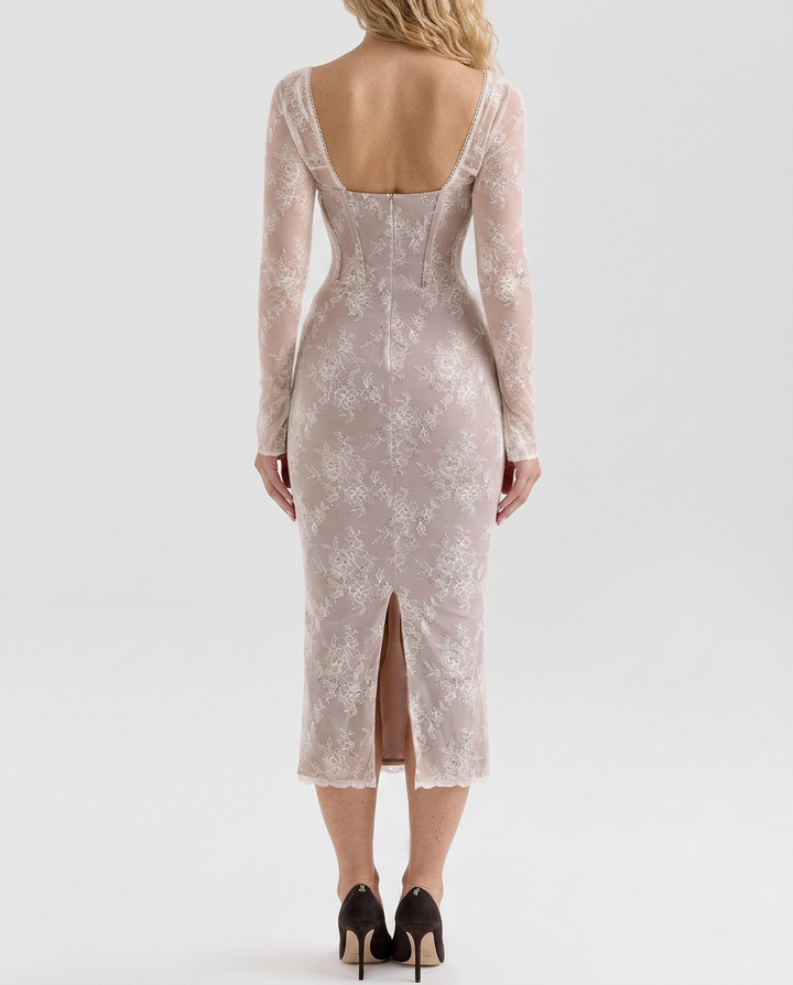 Ashlee | Lace Trim Corset Midi Dress with Long Sleeves