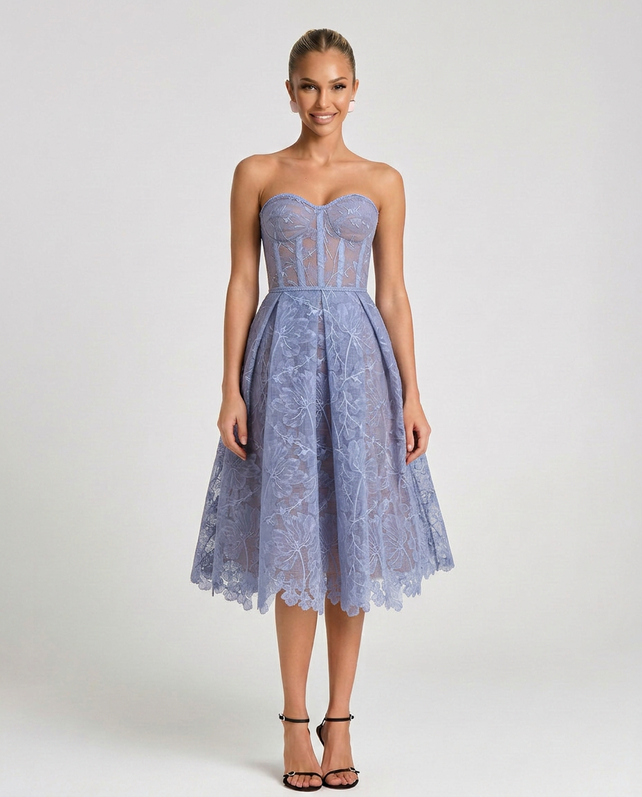 Addie | Embroidered Tulle Corset Midi Dress