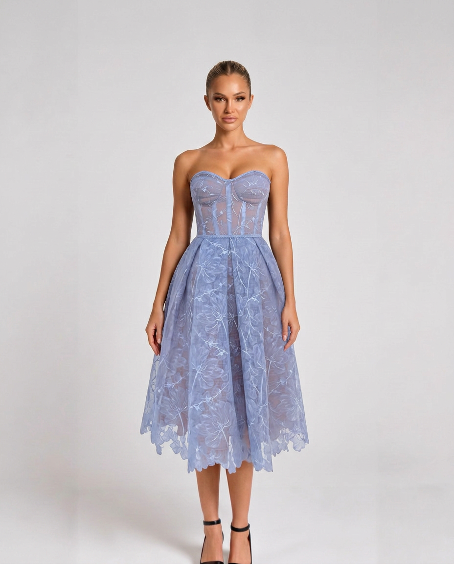 Addie | Embroidered Tulle Corset Midi Dress
