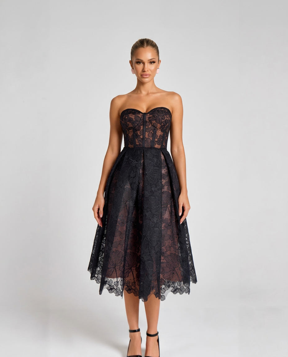 Addie | Embroidered Tulle Corset Midi Dress
