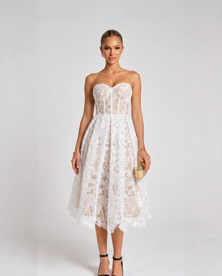 Addie | Embroidered Tulle Corset Midi Dress