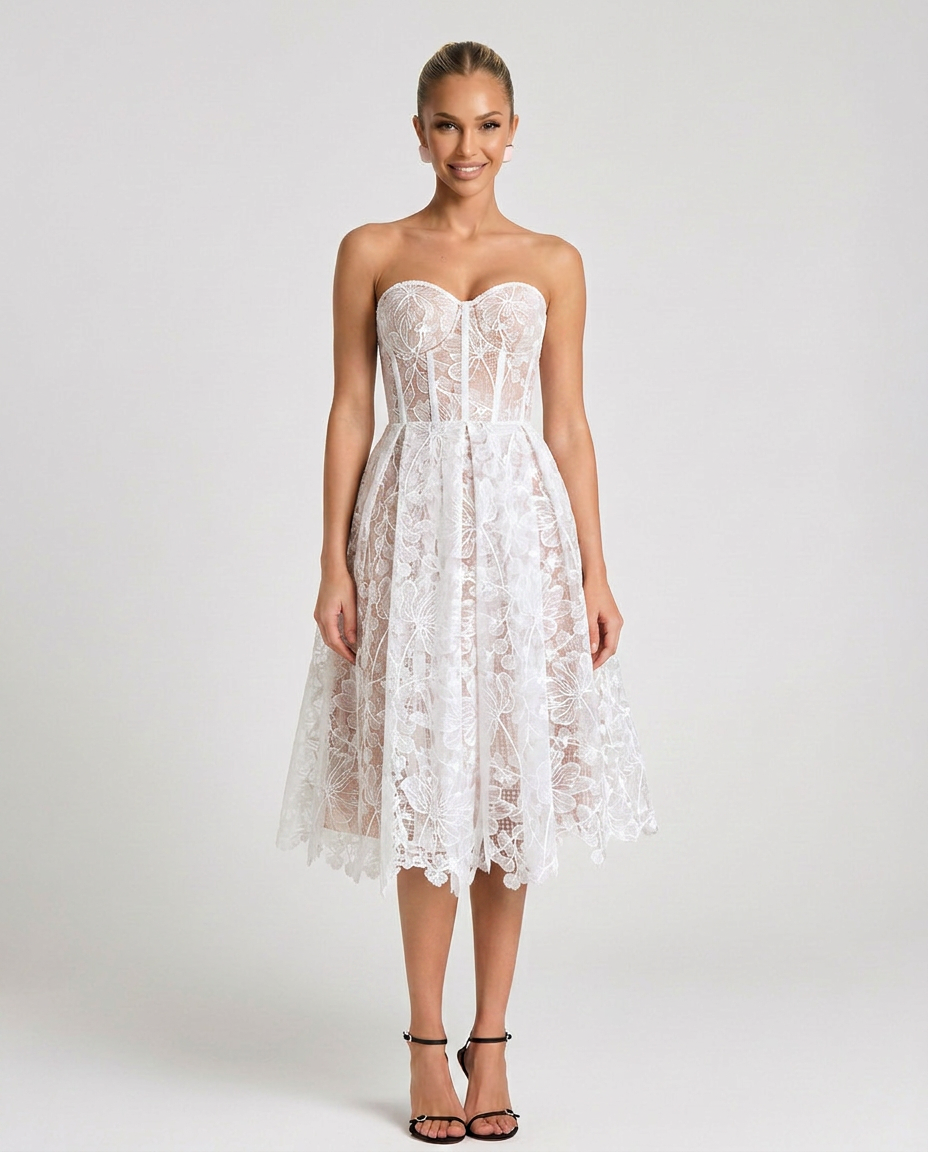 Addie | Embroidered Tulle Corset Midi Dress