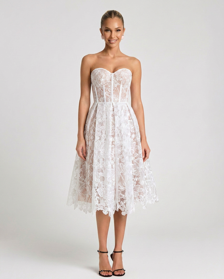 Addie | Embroidered Tulle Corset Midi Dress