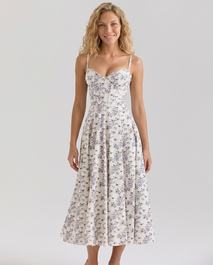 Sheree | Floral Print Midi Sundress with Lace-Up Back