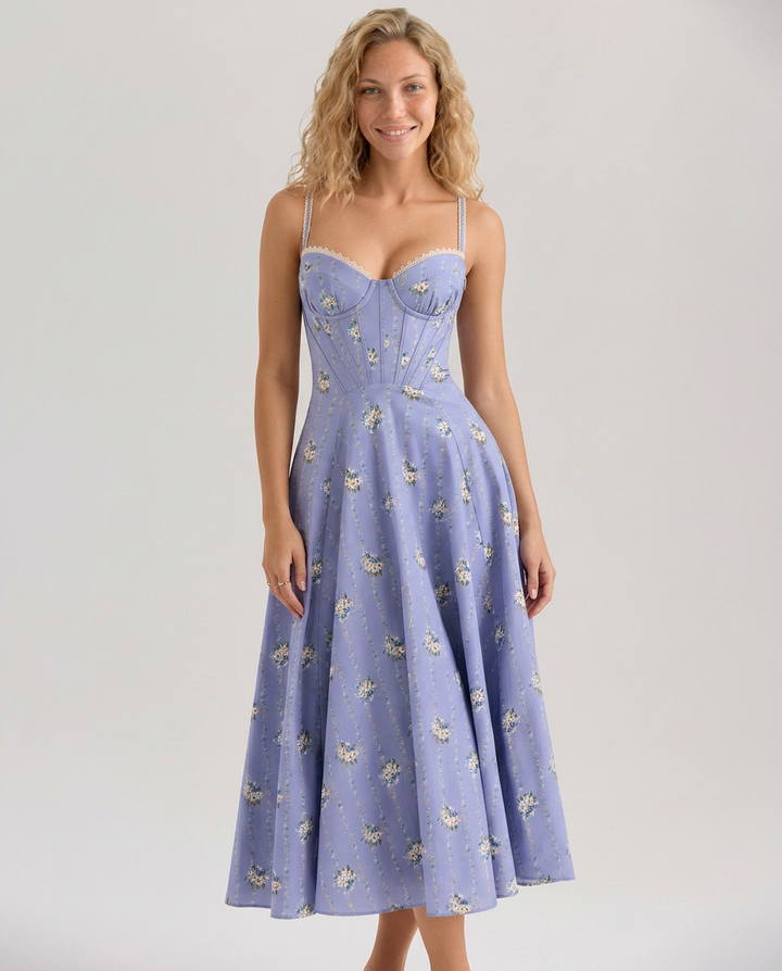 Sheree | Floral Print Midi Sundress with Lace-Up Back
