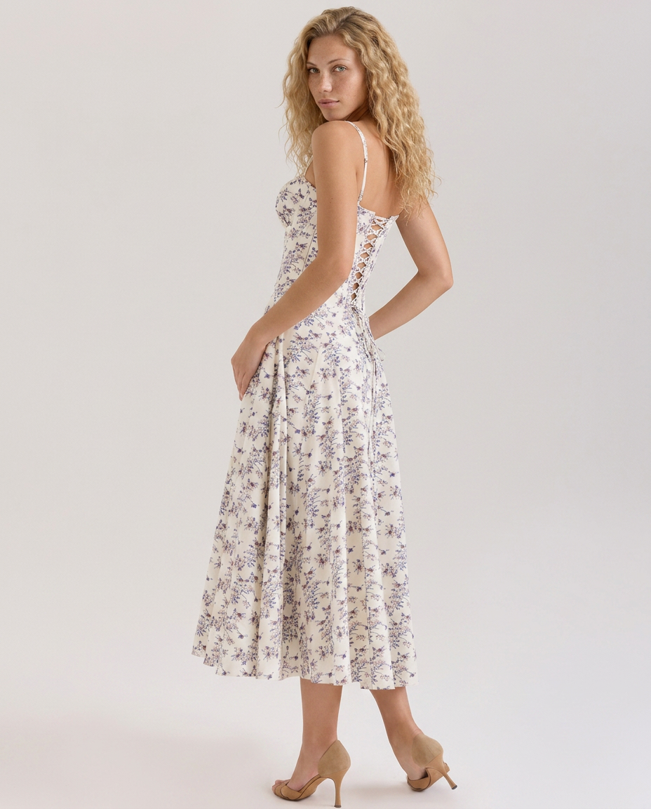 Sheree | Floral Print Midi Sundress with Lace-Up Back
