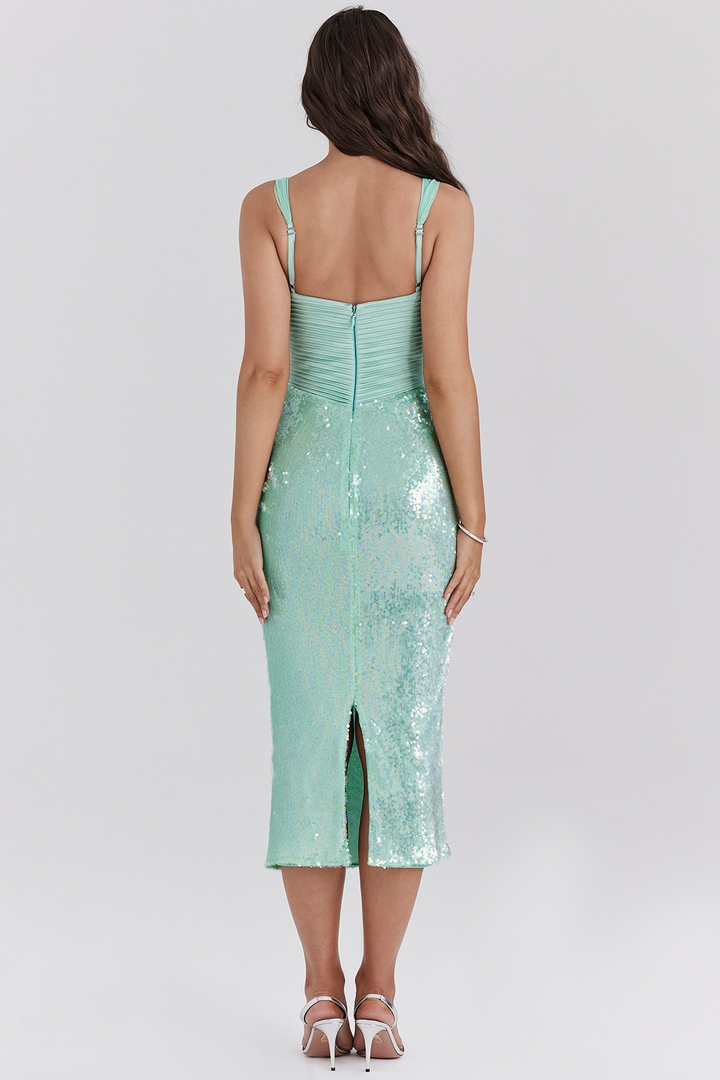 Joni | Sequin Corset Midi Dress with Plunge Neckline