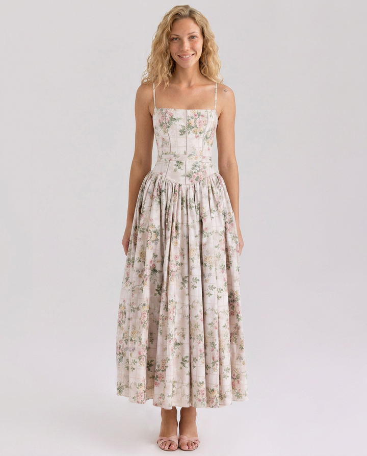 Aileen | Vintage Ribbon Print Cotton Midi Sundress