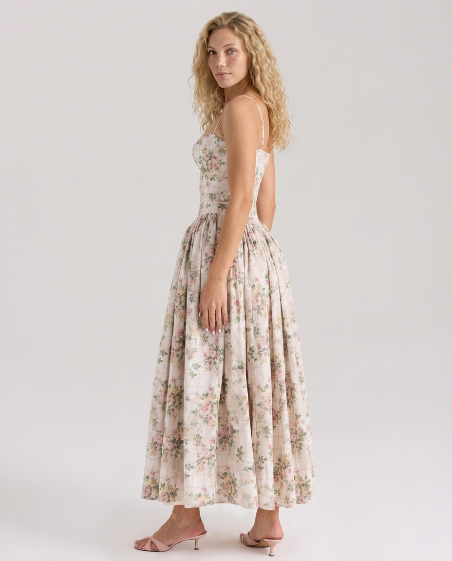 Aileen | Vintage Ribbon Print Cotton Midi Sundress