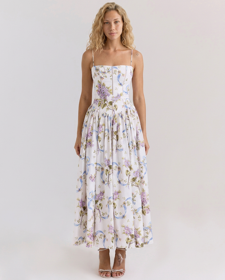 Aileen | Vintage Ribbon Print Cotton Midi Sundress