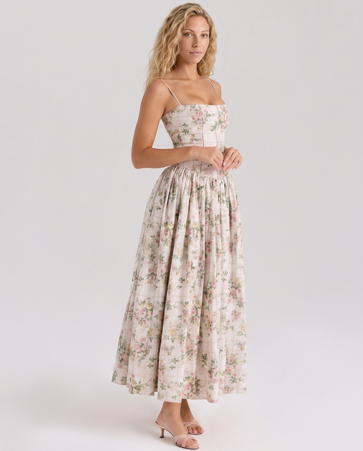 Aileen | Vintage Ribbon Print Cotton Midi Sundress