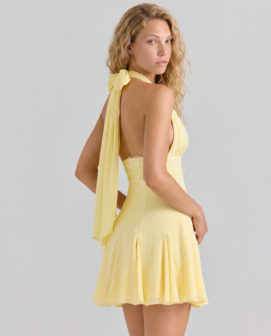 Jessie | Georgette Halter Neck Mini Dress with Lace Waist Detail
