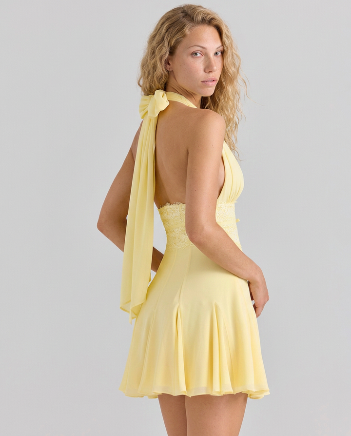 Jessie | Georgette Halter Neck Mini Dress with Lace Waist Detail