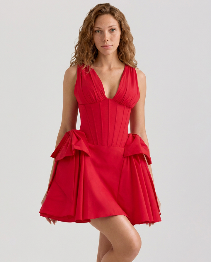 Hazel | Bow Mini Dress with Corset Bodice and Flared Skirt