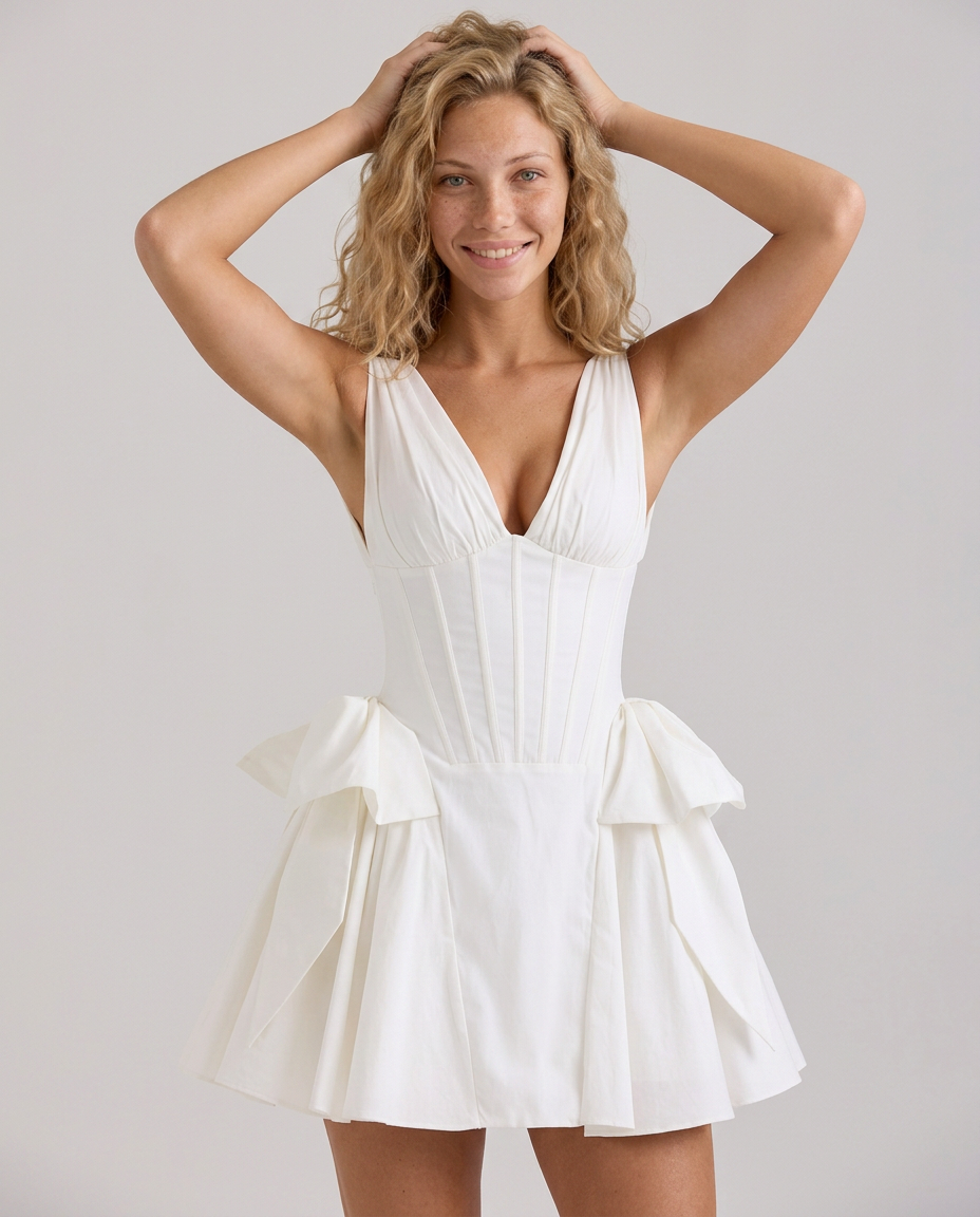 Hazel | Bow Mini Dress with Corset Bodice and Flared Skirt
