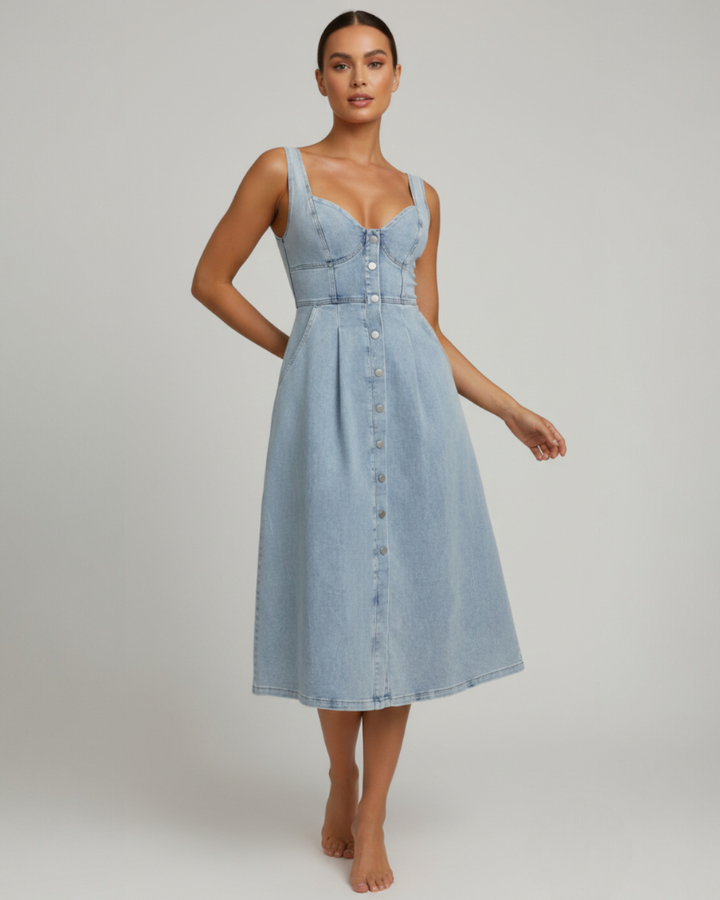 Aveline | Denim Midi Dress with Button Front