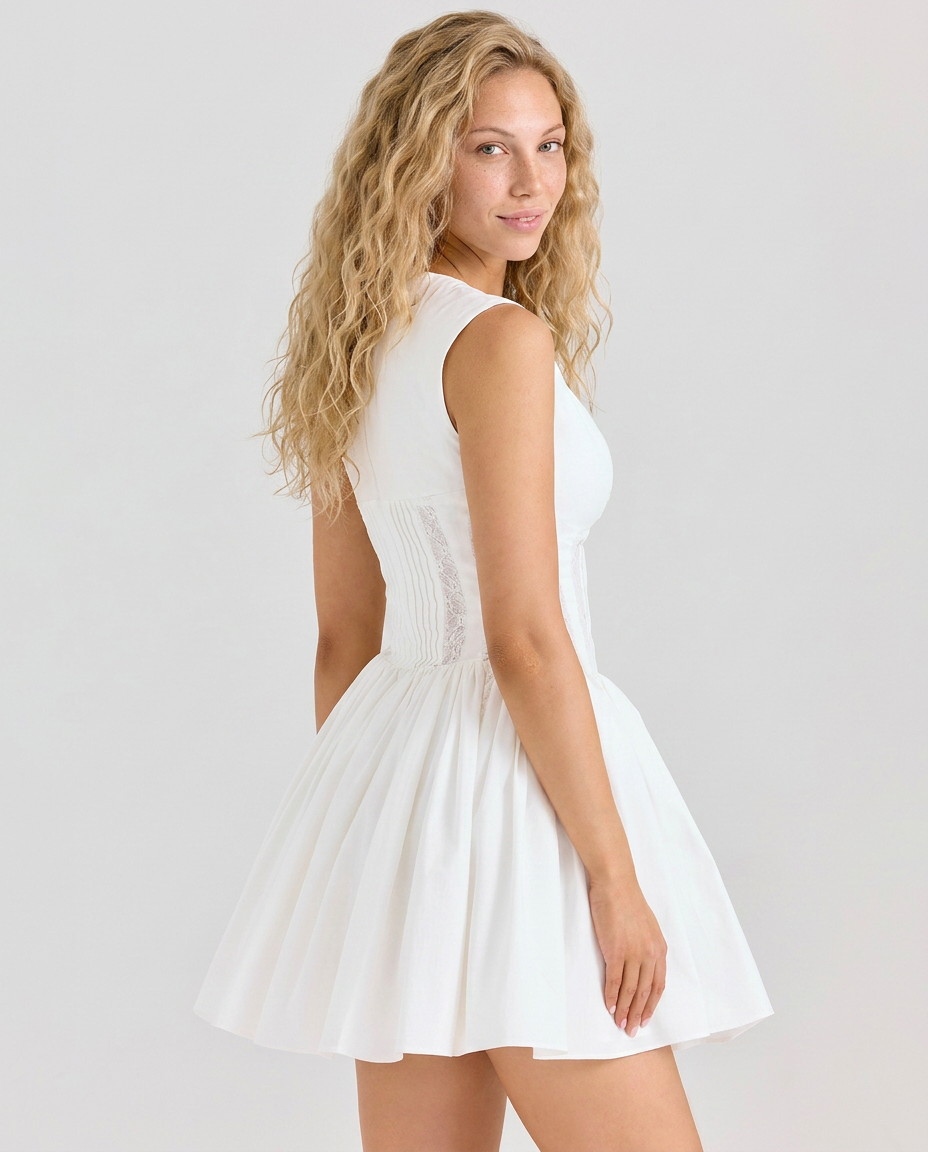 Mona | Cotton Mini Dress with Lace Panel Detail