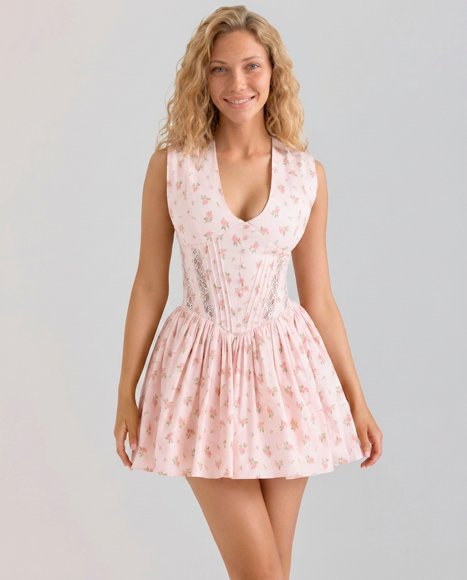 Mona | Cotton Mini Dress with Lace Panel Detail