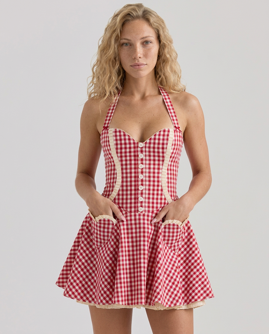 Alyssa | Halter Neck Mini Dress with Check Finish