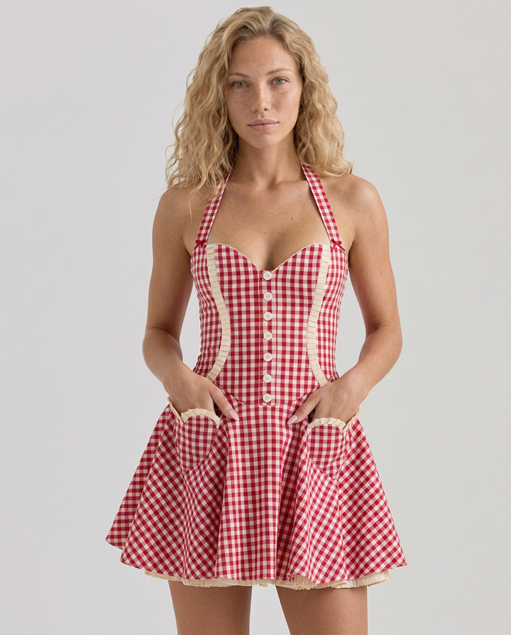 Alyssa | Halter Neck Mini Dress with Check Finish