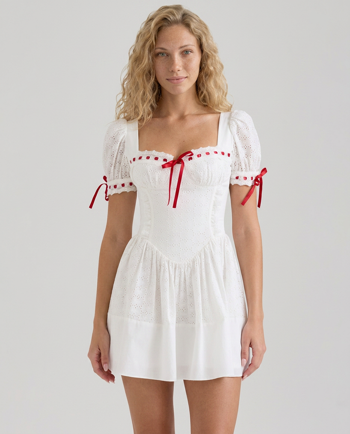 Kay | Puff Sleeve Mini Dress with Broderie Detail
