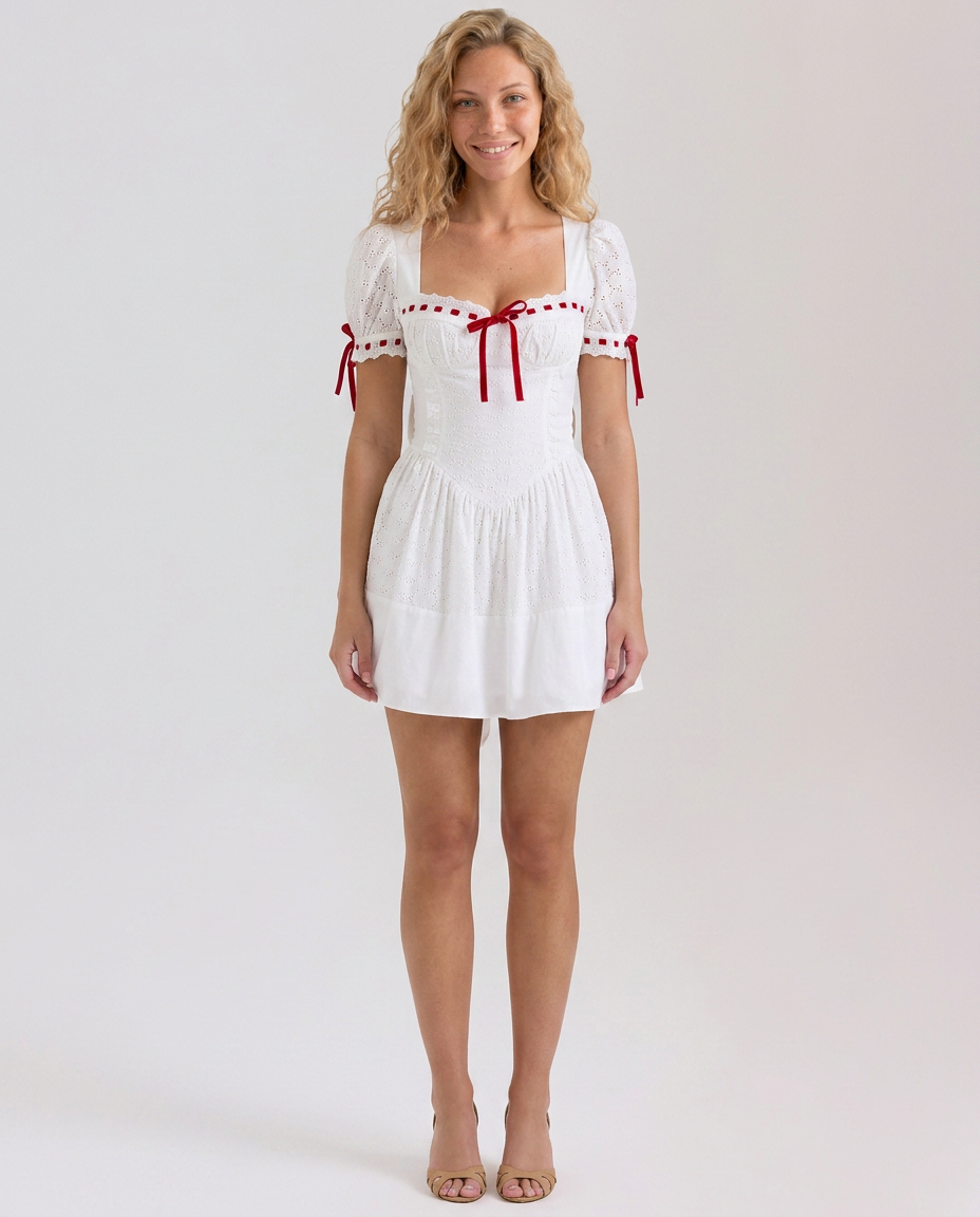 Kay | Puff Sleeve Mini Dress with Broderie Detail