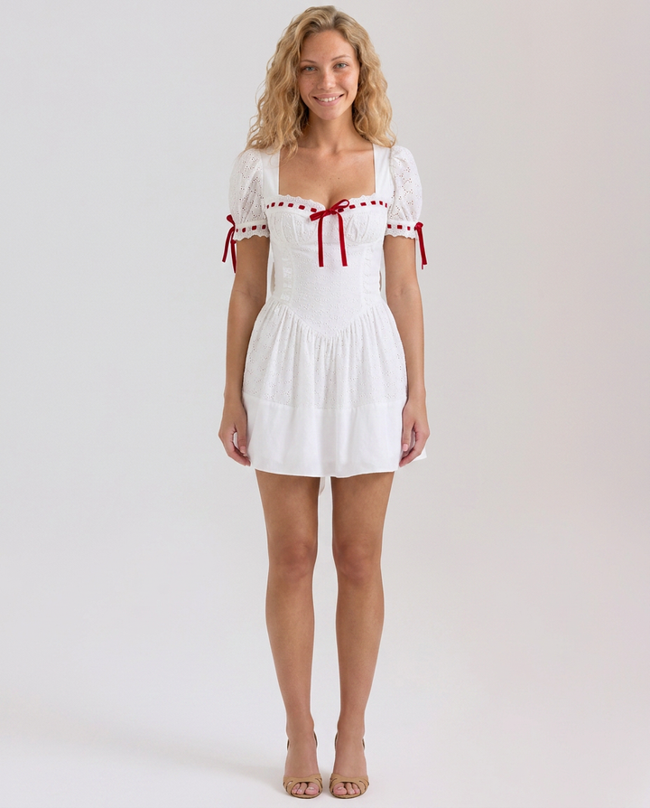 Kay | Puff Sleeve Mini Dress with Broderie Detail