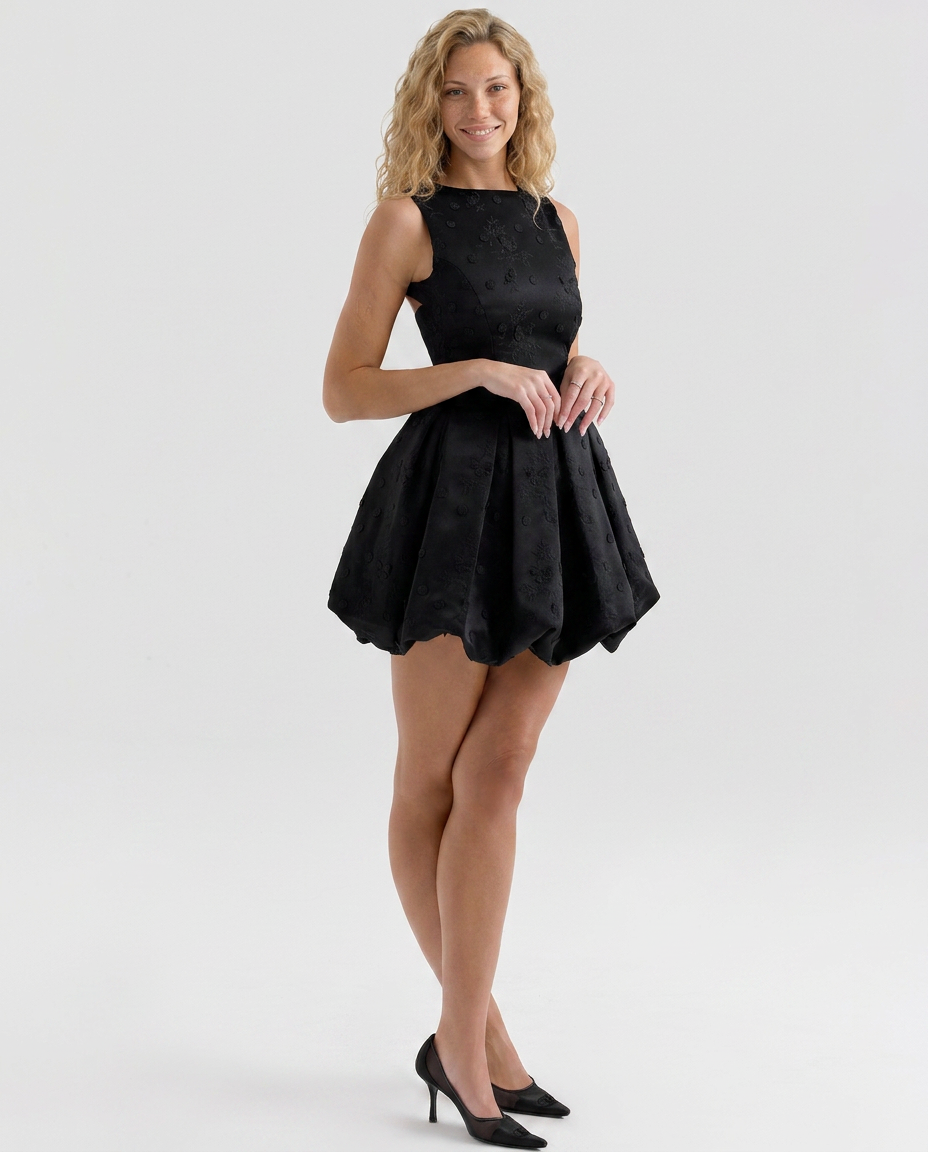 Tisha | Embroidered Puffball Mini Dress with Open Back