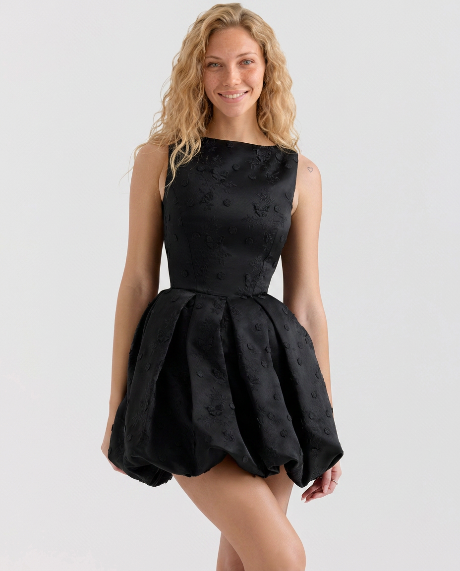 Tisha | Embroidered Puffball Mini Dress with Open Back