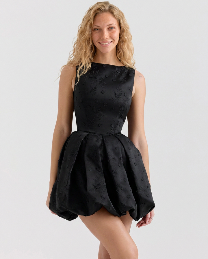 Tisha | Embroidered Puffball Mini Dress with Open Back