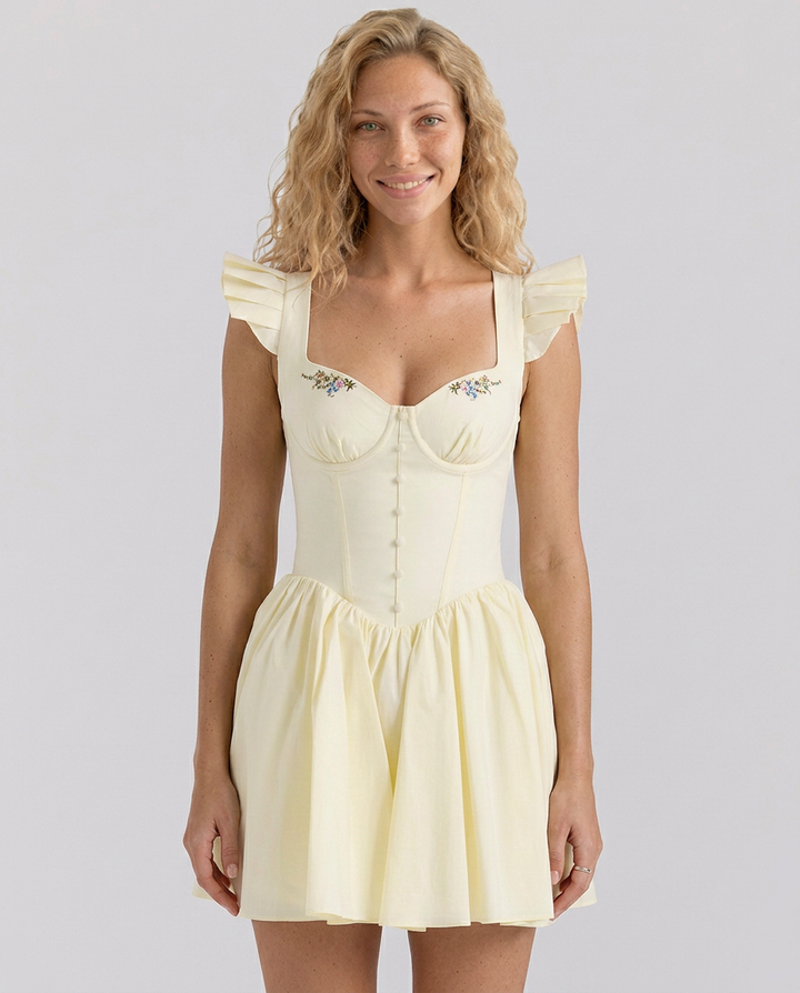 Rhoda | Embroidered Mini Dress with Pleated Sleeves