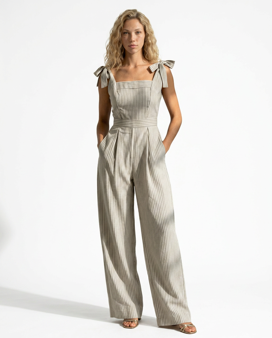 Opal | Striped Square Neck Linen-Blend Jumpsuit