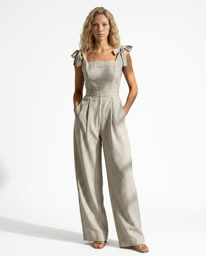 Opal | Striped Square Neck Linen-Blend Jumpsuit