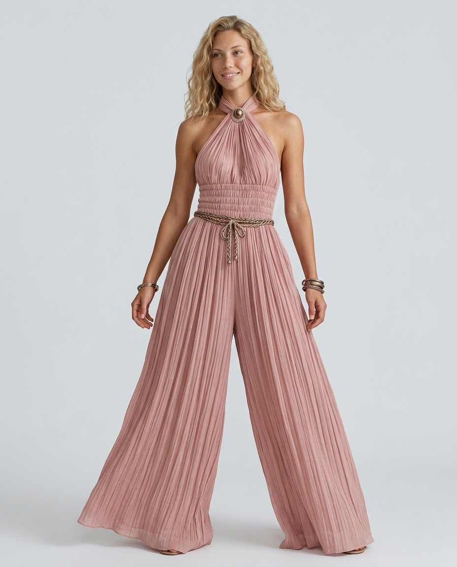 Bridget | Pleated Halter Neck Wide-Leg Jumpsuit