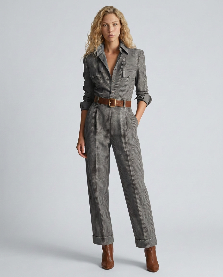 Chris | Plaid Long Sleeve Utility Jumpsuit