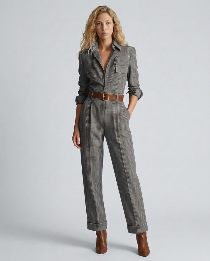 Chris | Plaid Long Sleeve Utility Jumpsuit