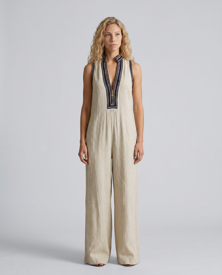 Angie | Sleeveless Linen-Blend Embroidered Jumpsuit