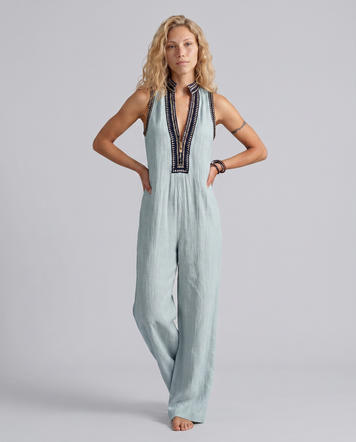 Angie | Sleeveless Linen-Blend Embroidered Jumpsuit