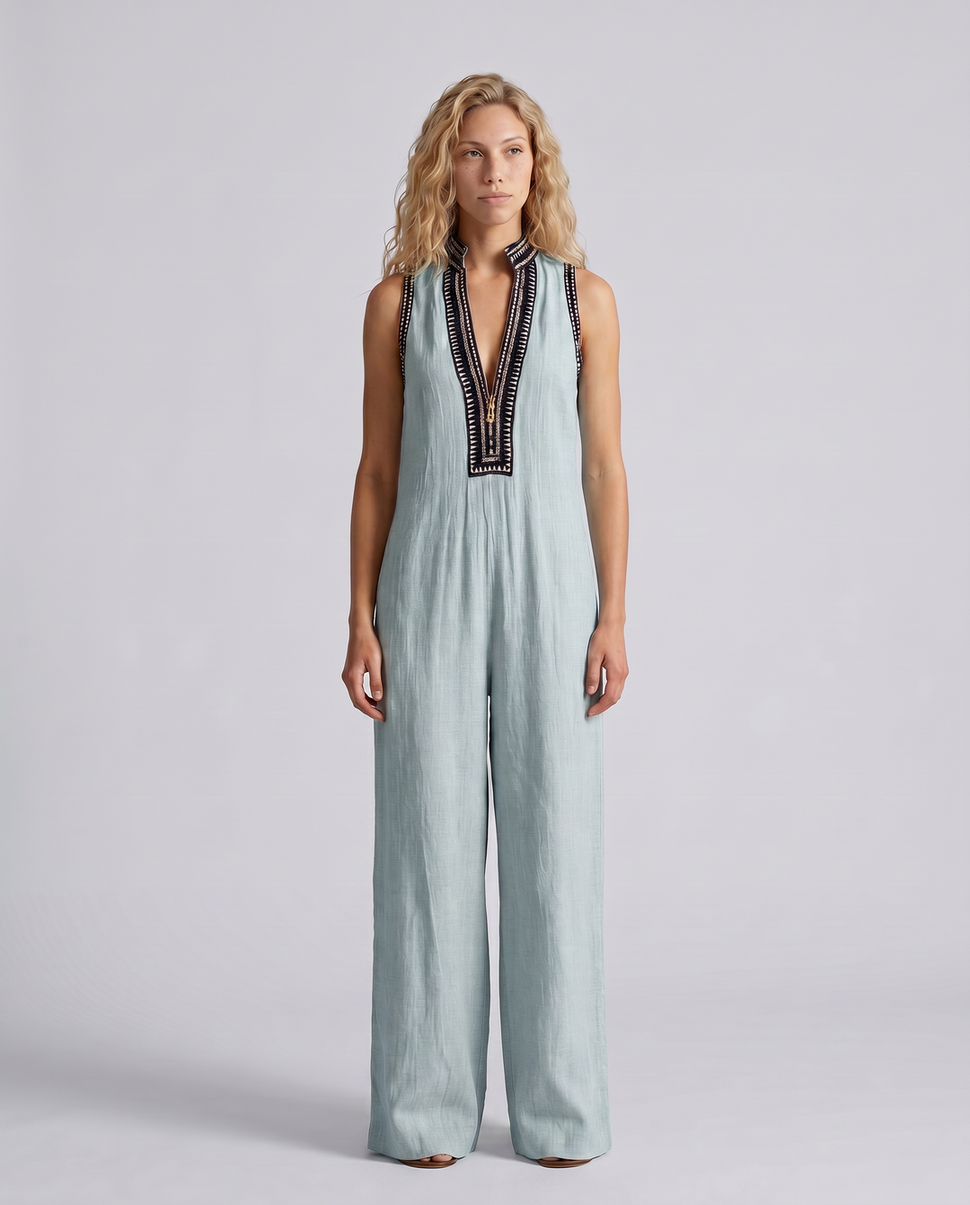 Angie | Sleeveless Linen-Blend Embroidered Jumpsuit