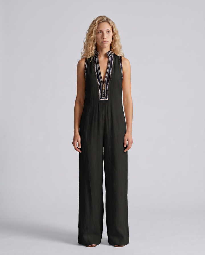 Angie | Sleeveless Linen-Blend Embroidered Jumpsuit