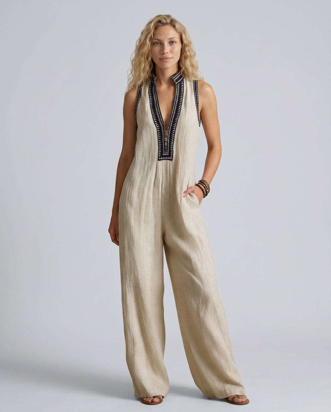 Angie | Sleeveless Linen-Blend Embroidered Jumpsuit