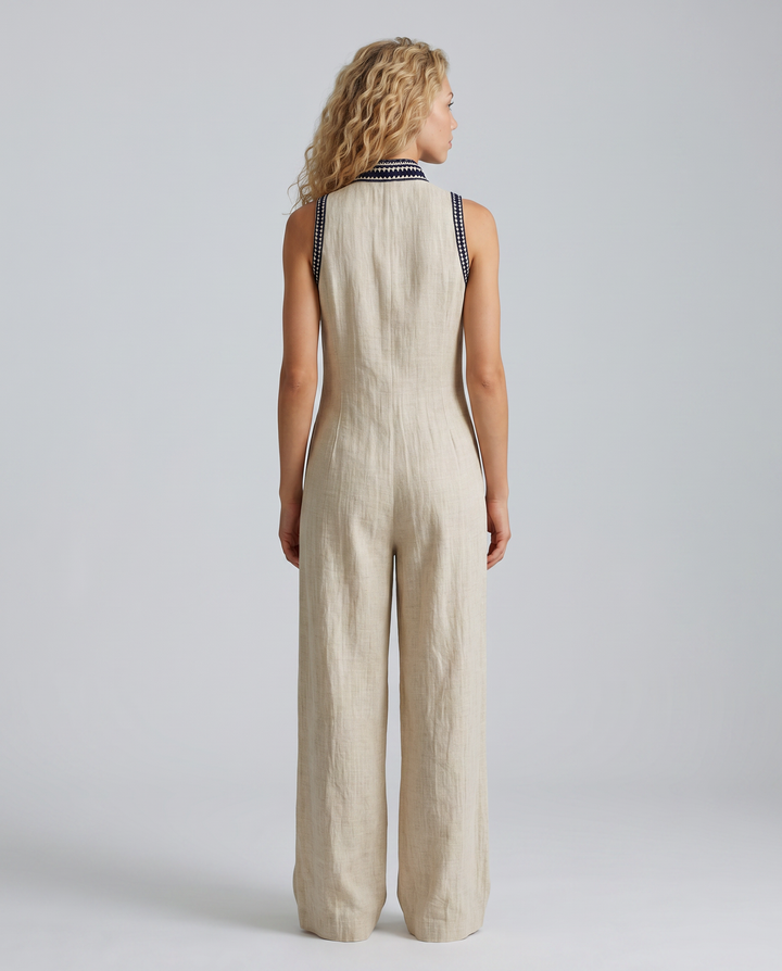 Angie | Sleeveless Linen-Blend Embroidered Jumpsuit