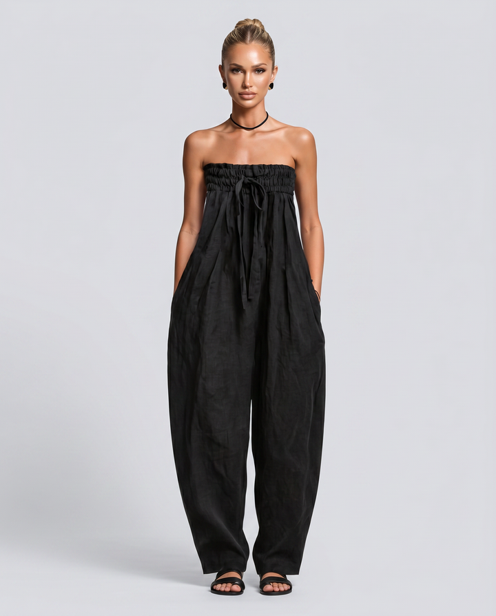 Cherry | Strapless Relaxed Linen-Blend Jumpsuit
