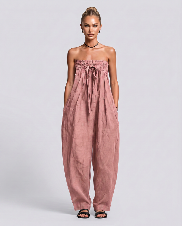Cherry | Strapless Relaxed Linen-Blend Jumpsuit