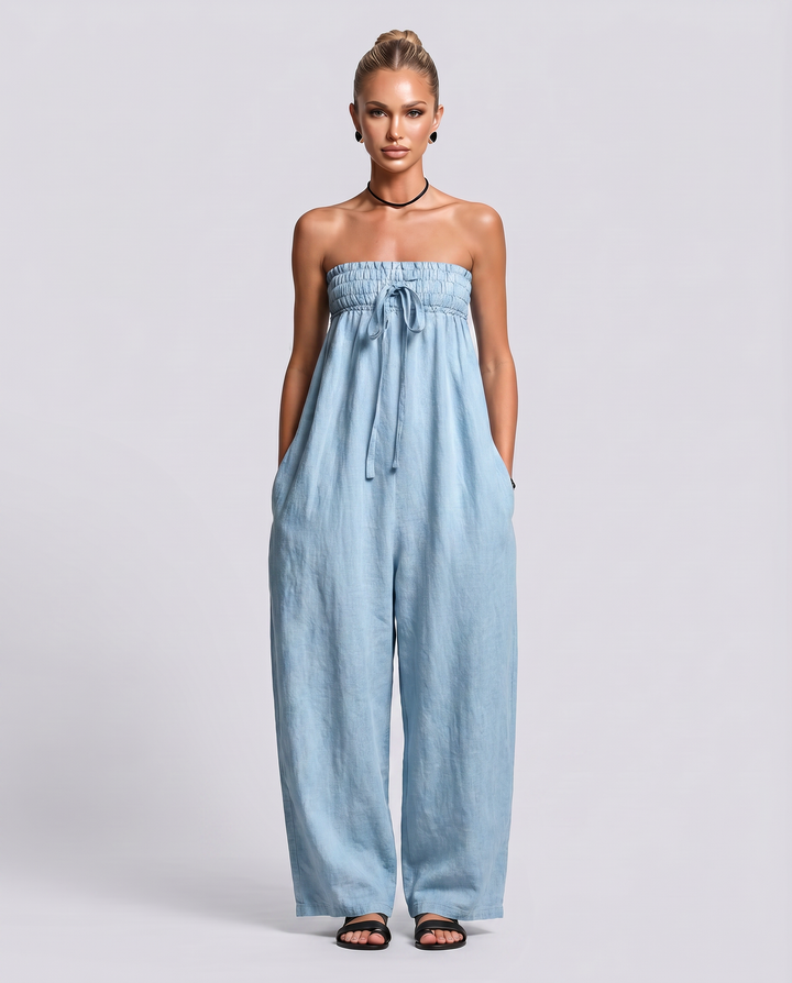 Cherry | Strapless Relaxed Linen-Blend Jumpsuit